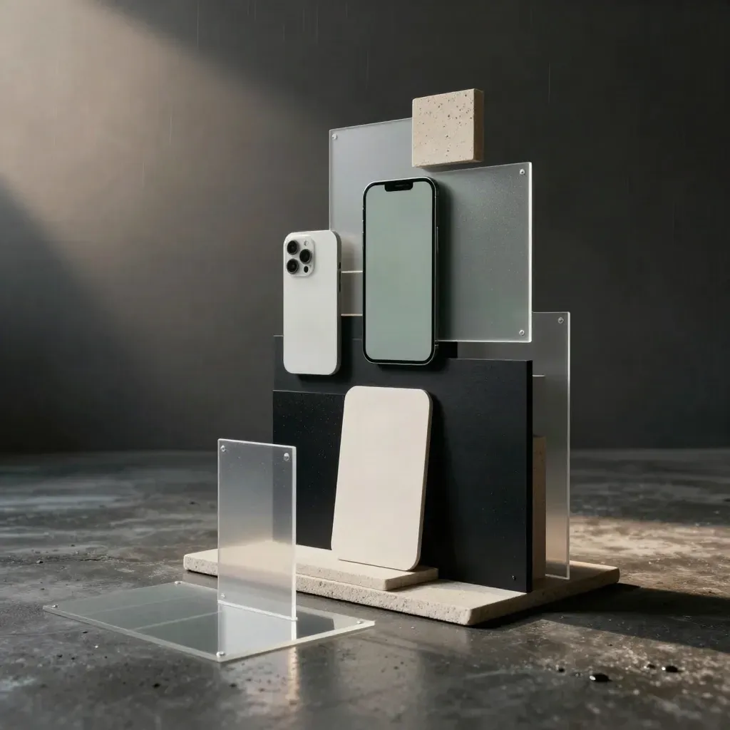 Moody UX discovery installation with wireframe layers, phone shell and sample blocks in rain haze