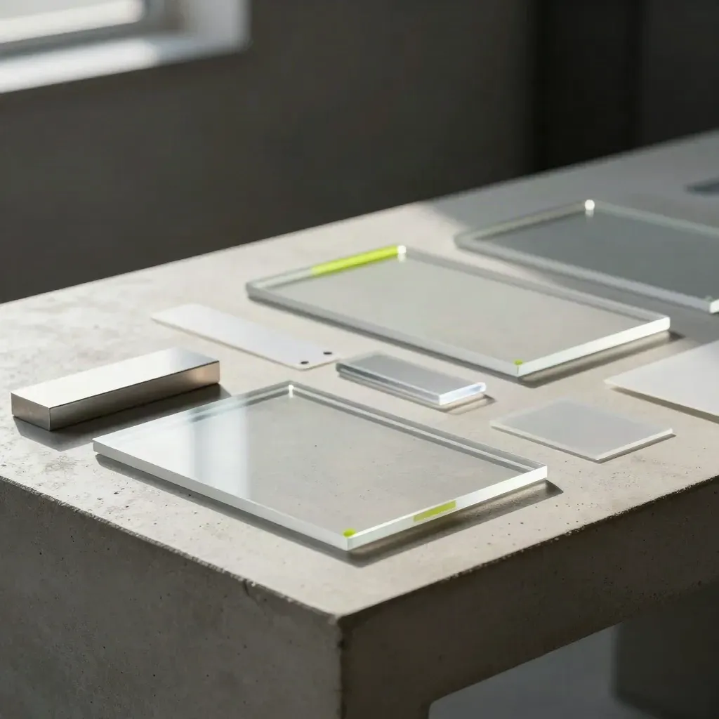 Blank wireframe tiles and acrylic frames stepping across a concrete plinth in soft backlight