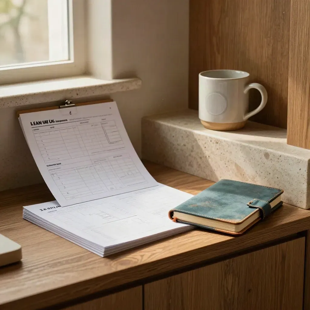 Lean UX toolkit arranged on a stone shelf niche in warm afternoon light.