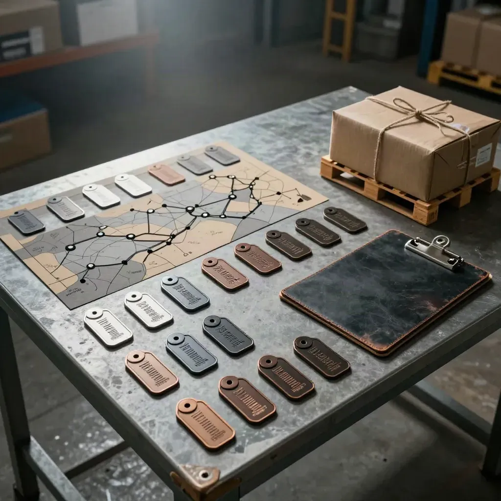 Warehouse logistics route tokens, map tiles and a pallet model on a moody packing bench.