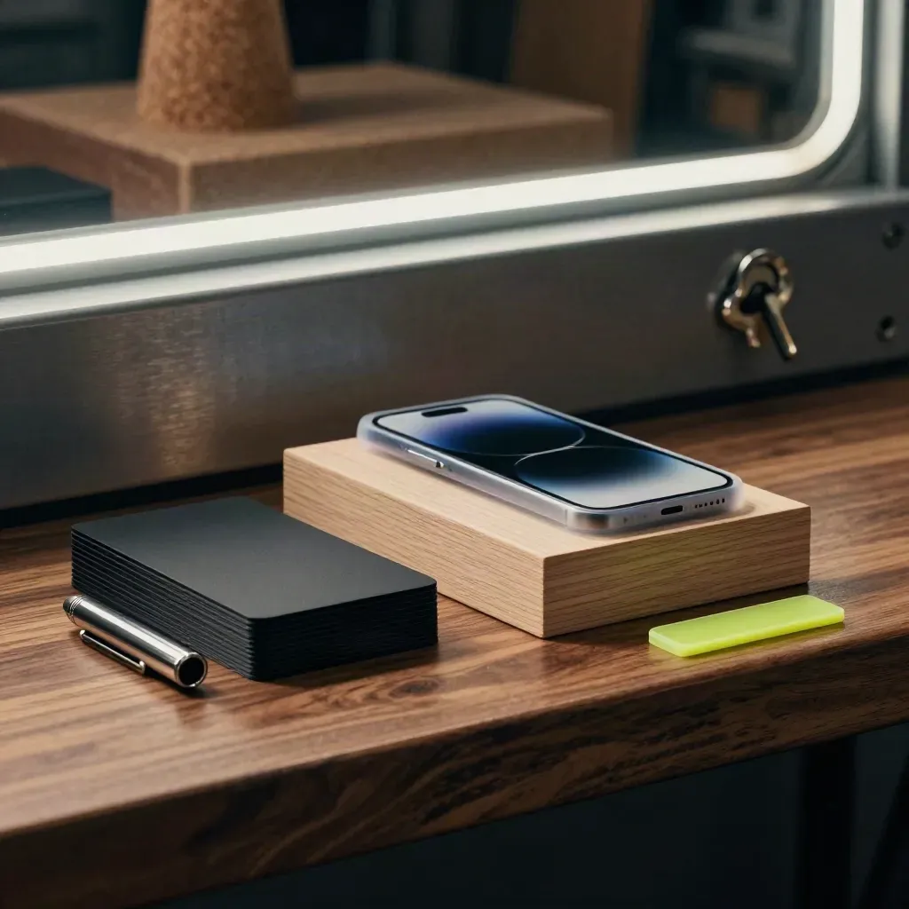 Product strategy tools on a walnut bench: black deck, wood block, sealed phone and chrome cap.