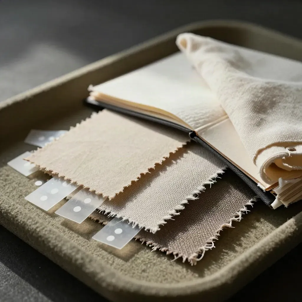 Fabric swatches, cue chips and adhesive dots in a UX research archive still life.