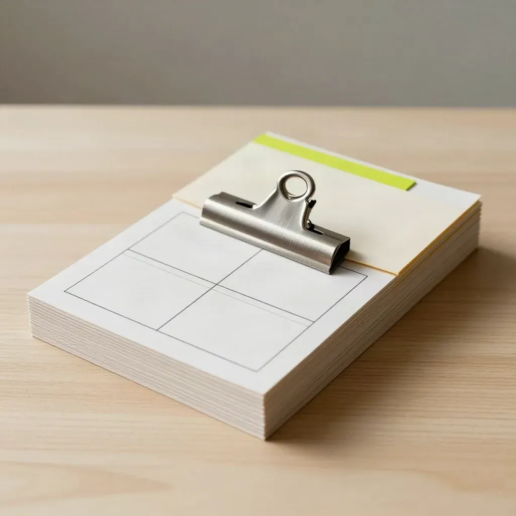 Wireframe cards, metal clip rail and pale folder on pale wood, lit softly from one side.